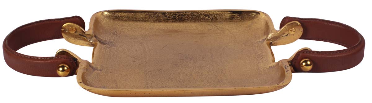 Buy in Bulk Wholesale Metal Tray with 9.5” Square Decorative Leather Handles & Distressed Finish - Golden Color - Modern Home Decor